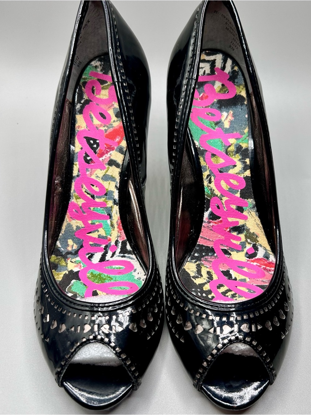 Betsey Johnson Black Patent Peep-Toe Heels with Colorful Printed Insole